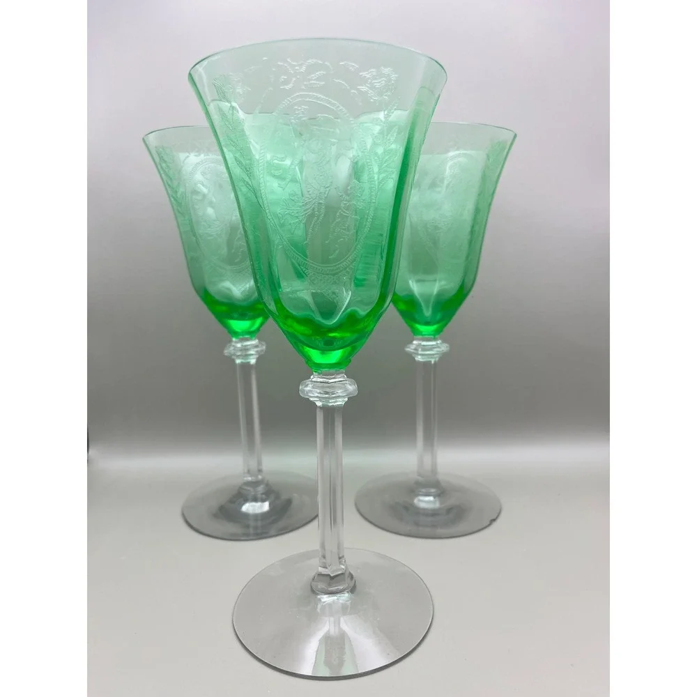 European‎ Uranium Hock Wine Goblets Etched Classic Lady Putto Green Set As Is